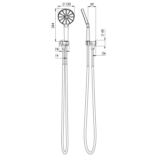 Phoenix NX Vive Hand Shower Chrome, technical line drawing with dimensions