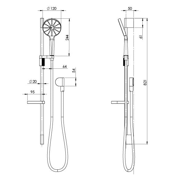Phoenix NX Vive Rail Shower Chrome, technical line drawing with dimensions