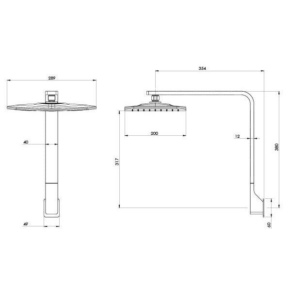 Phoenix NX Cape High-Rise Shower Arm & Rose Chrome, technical line drawing with dimensions