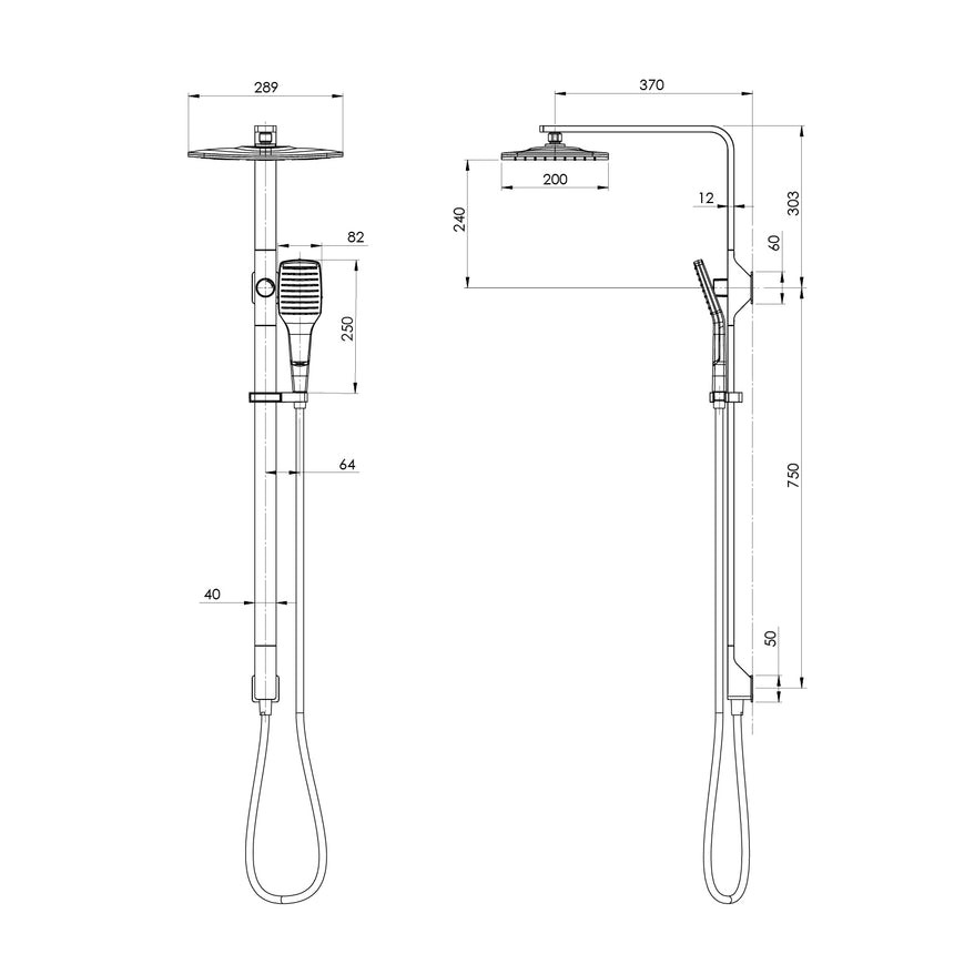 Phoenix NX Cape Twin Shower Chrome, technical line drawing with dimensions