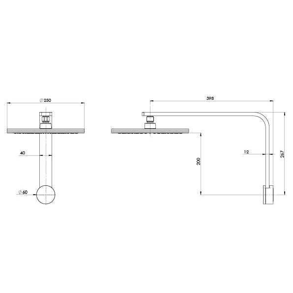 Phoenix NX Quil High-Rise Shower Arm & Rose Brushed Nickel, technical line drawing with dimensions