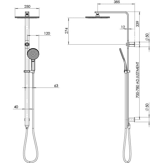 Phoenix NX Quil Twin Shower Matte Black, technical line drawing with dimensions