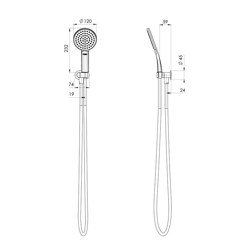 Phoenix NX Quil Hand Shower Chrome, technical line drawing with dimensions