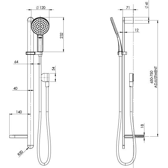 Phoenix NX Quil Rail Shower Matte Black, technical line drawing with dimensions