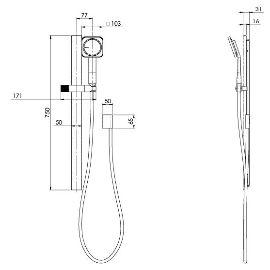 Phoenix NX Orli Rail Shower Chrome, technical line drawing with dimensions