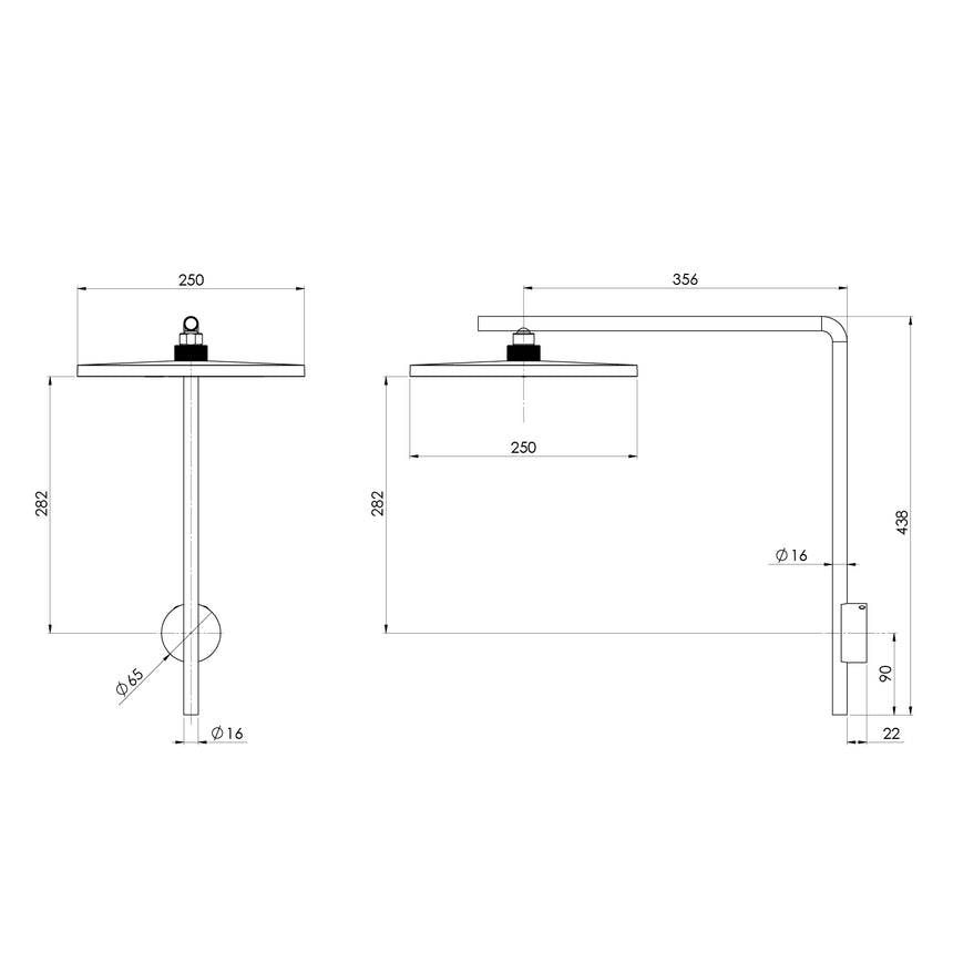 Phoenix NX Iko High-Rise Shower Arm & Rose Matte Black, technical line drawing with dimensions
