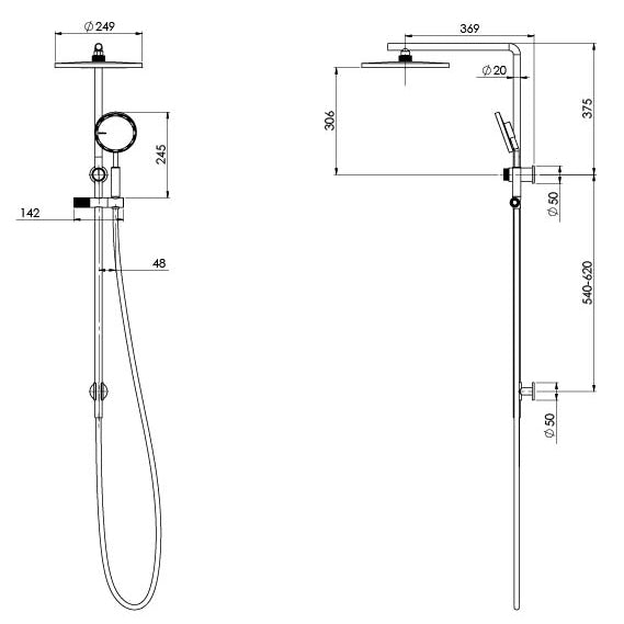 Phoenix NX Iko Twin Shower Chrome, technical line drawing with dimensions