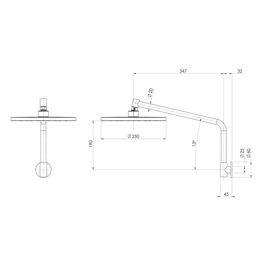 Phoenix Ormond High-Rise Shower Arm & Rose Chrome, technical line drawing with dimensions