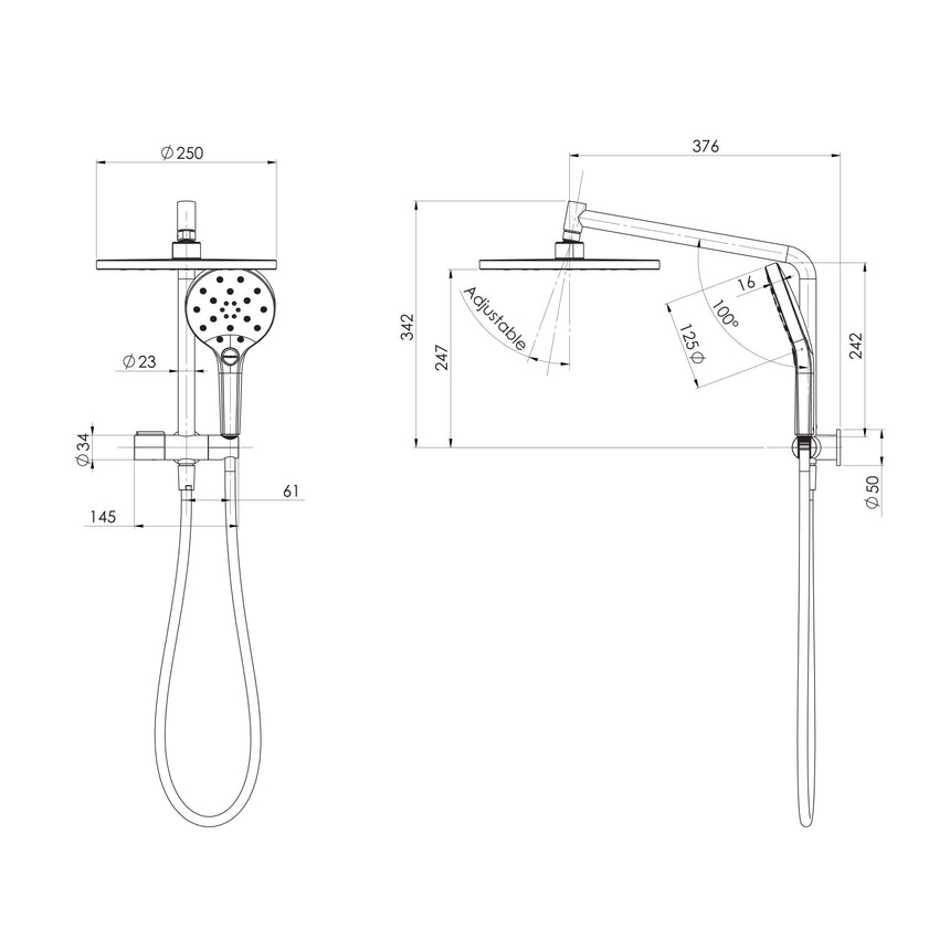 Phoenix Ormond Compact Twin Shower Chrome, technical line drawing with dimensions