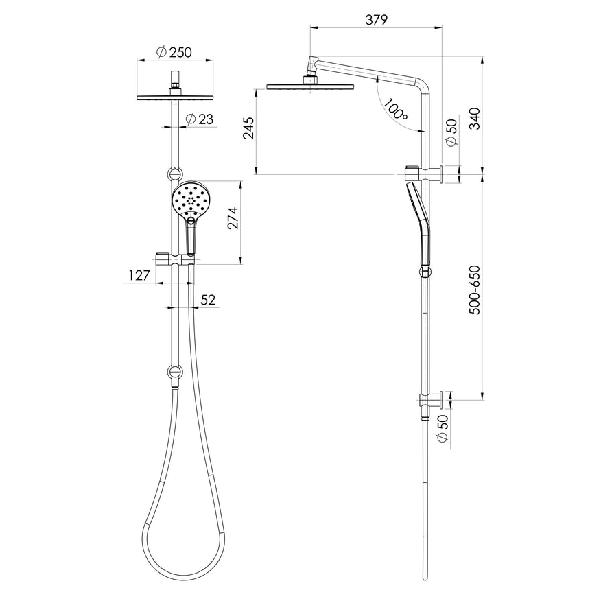 Phoenix Ormond Twin Shower - 4 Star Brushed Nickel, technical line drawing with dimensions