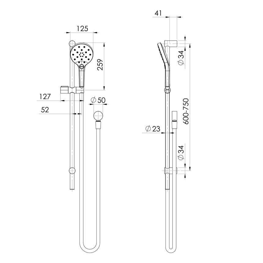 Phoenix Ormond Rail Shower - 4 Star Chrome, technical line drawing with dimensions