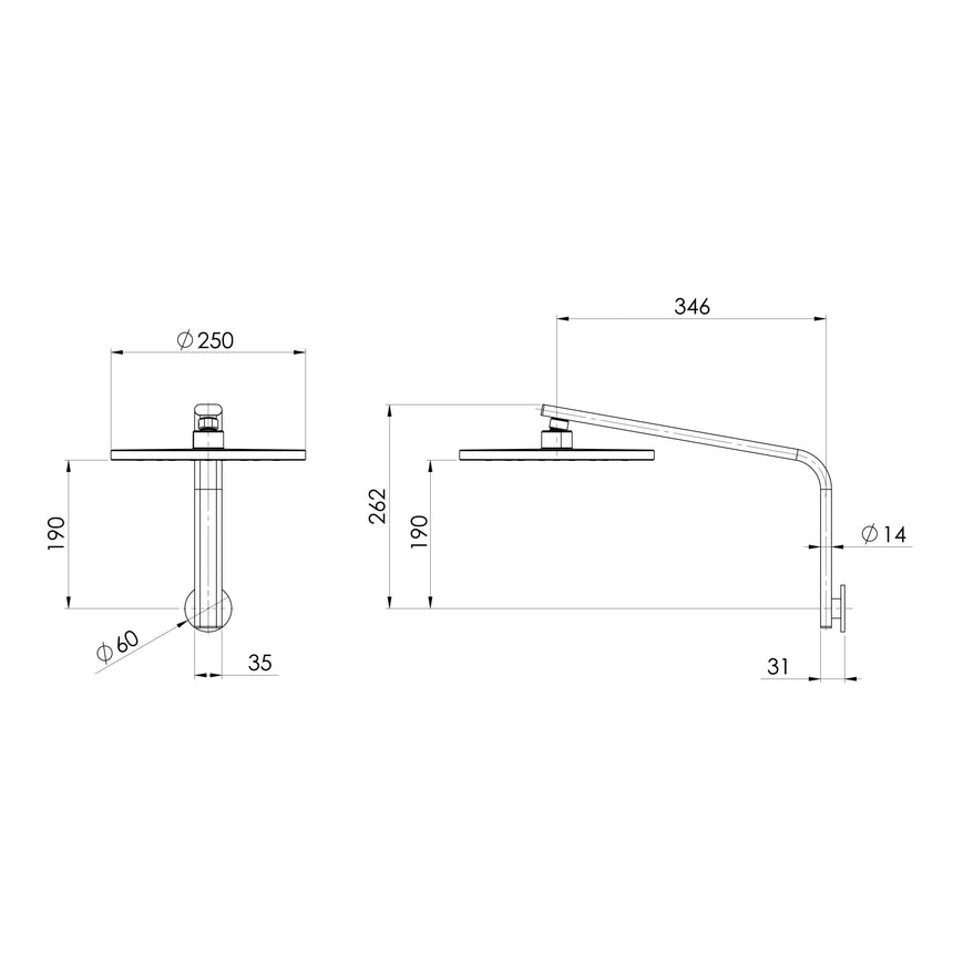 Phoenix Oxley High-Rise Shower Arm & Rose - 4 Star Brushed Gold, technical line drawing with dimensions