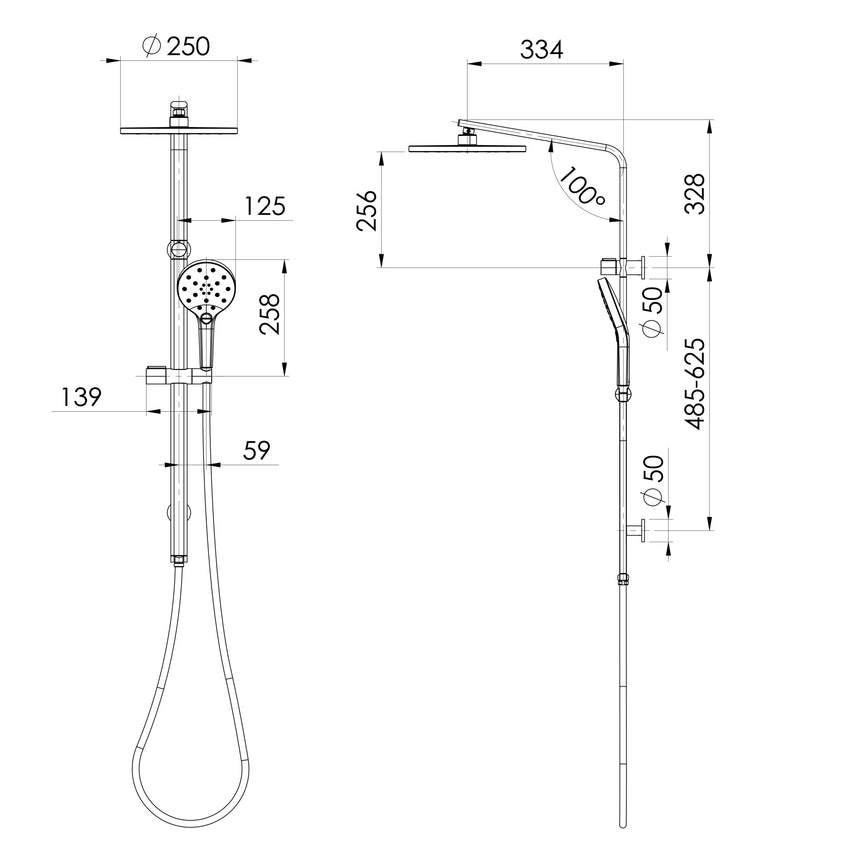 Phoenix Oxley Twin Shower - 4 Star Chrome, technical line drawing with dimensions