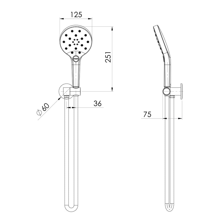 Phoenix Oxley Hand Shower - 4 Star Brushed Nickel, technical line drawing with dimensions