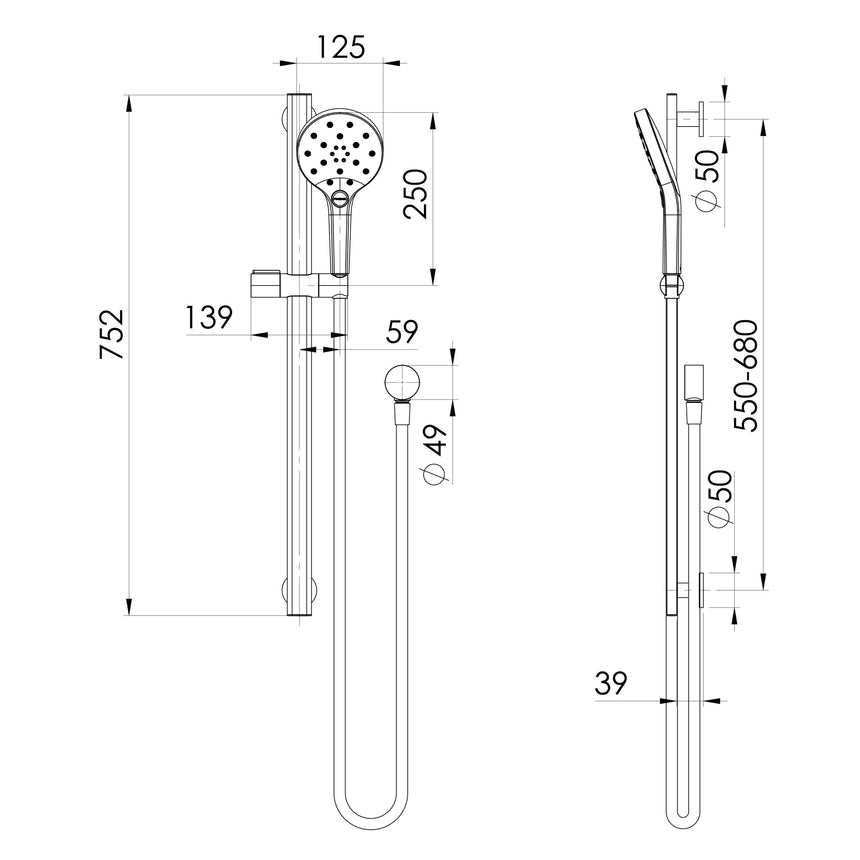 Phoenix Oxley Rail Shower Brushed Nickel, technical line drawing with dimensions