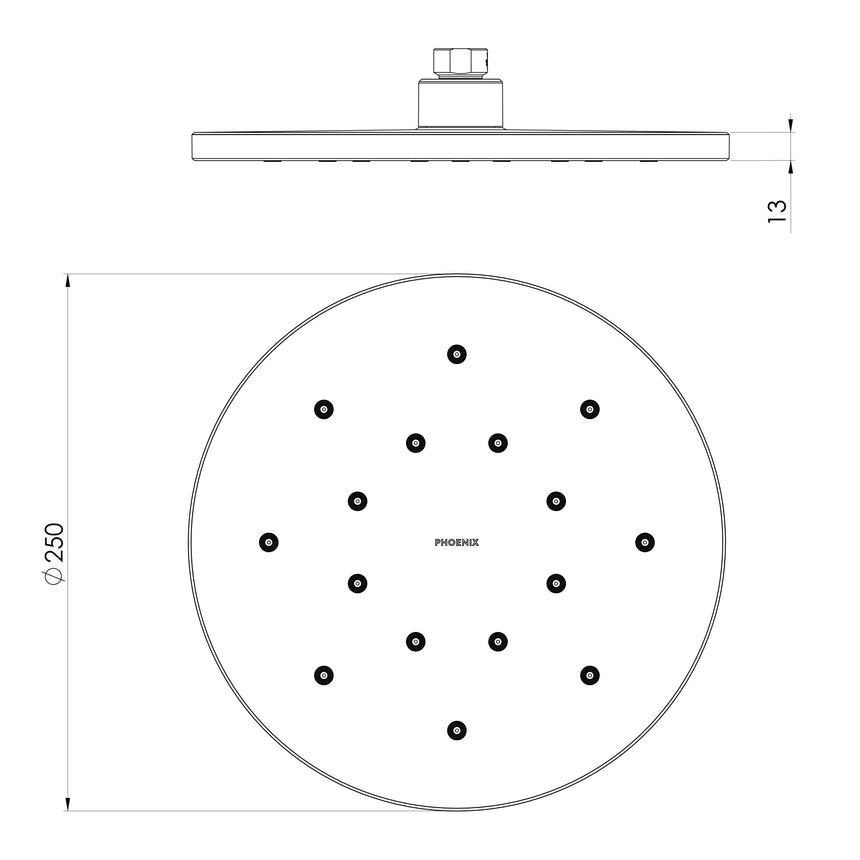 Phoenix LuxeXP Shower Rose 250mm Round Brushed Carbon, technical line drawing with dimensions