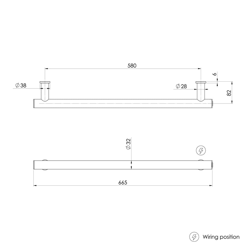 Phoenix Heated Towel Rail Round 600mm Brushed Nickel, technical line drawing with dimensions