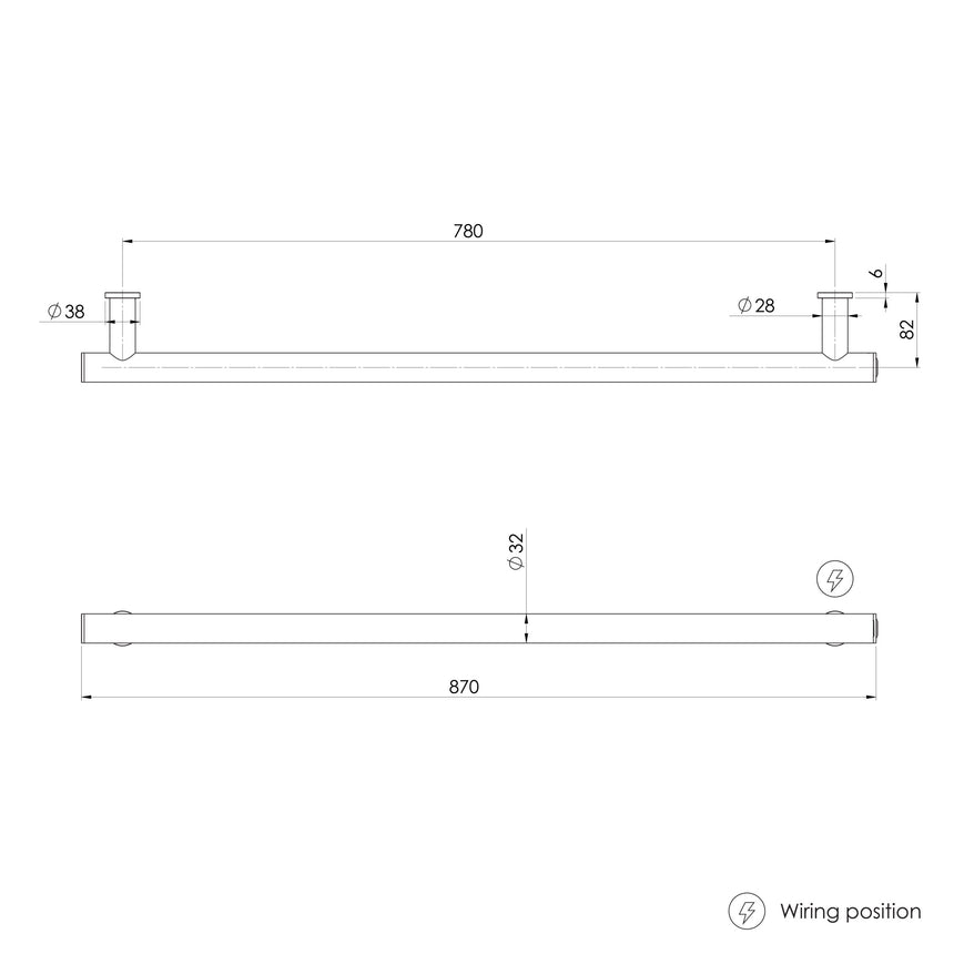 Phoenix Heated Towel Rail Round 800mm Chrome, technical line drawing with dimensions