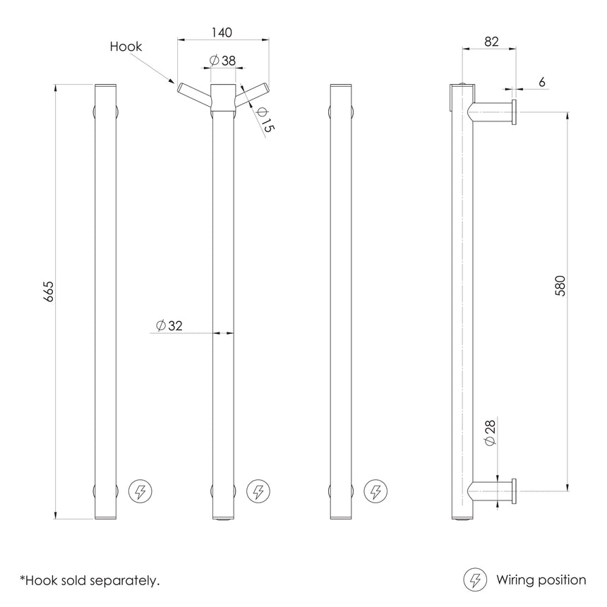 Phoenix Heated Triple Towel Rail Round 600mm Brushed Nickel, technical line drawing with dimensions