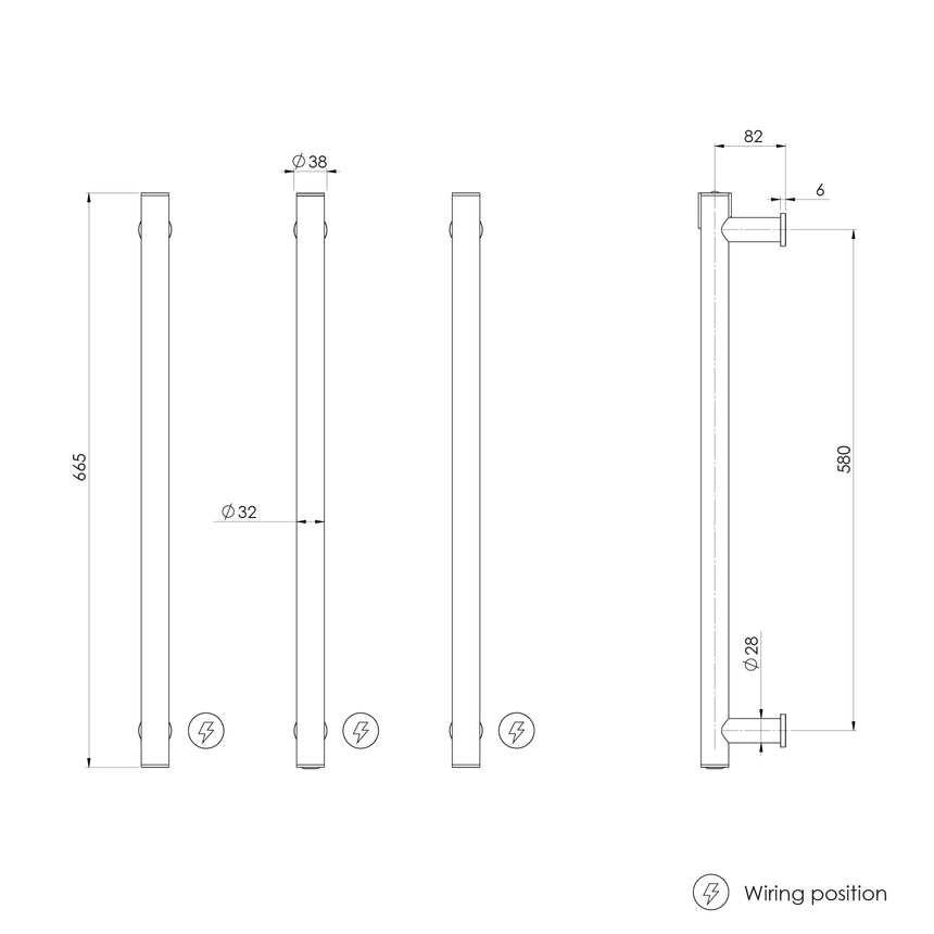 Phoenix Heated Triple Towel Rail Round 600mm Brushed Nickel, technical line drawing with dimensions