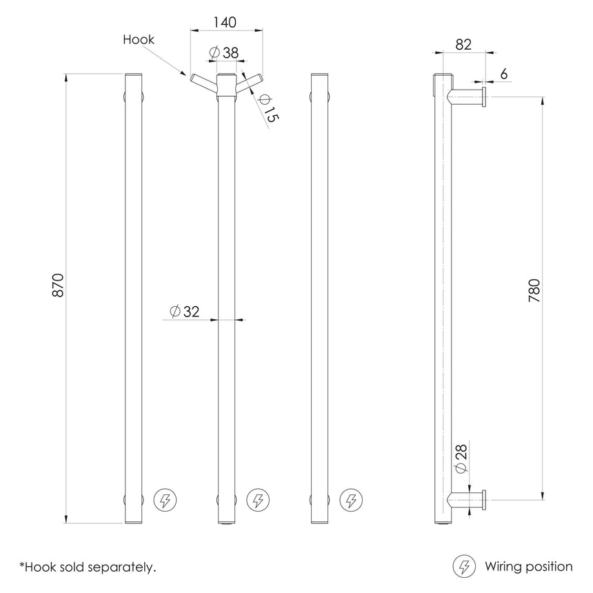 Phoenix Heated Triple Towel Rail Round 800mm Brushed Gold, technical line drawing with dimensions