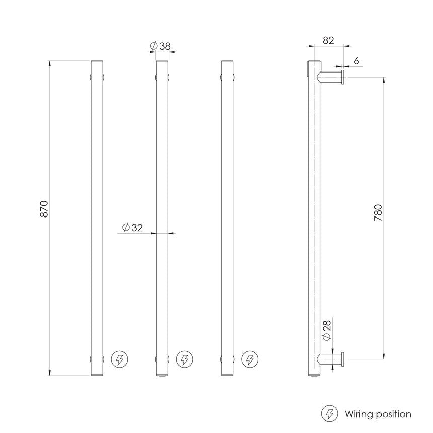 Phoenix Heated Triple Towel Rail Round 800mm Matte Black, technical line drawing with dimensions