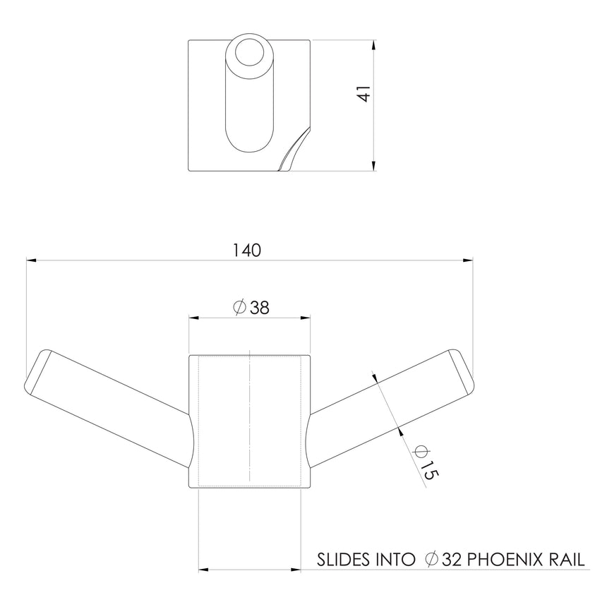 Phoenix Vertical Rail Hook Round Brushed Gold, technical line drawing with dimensions