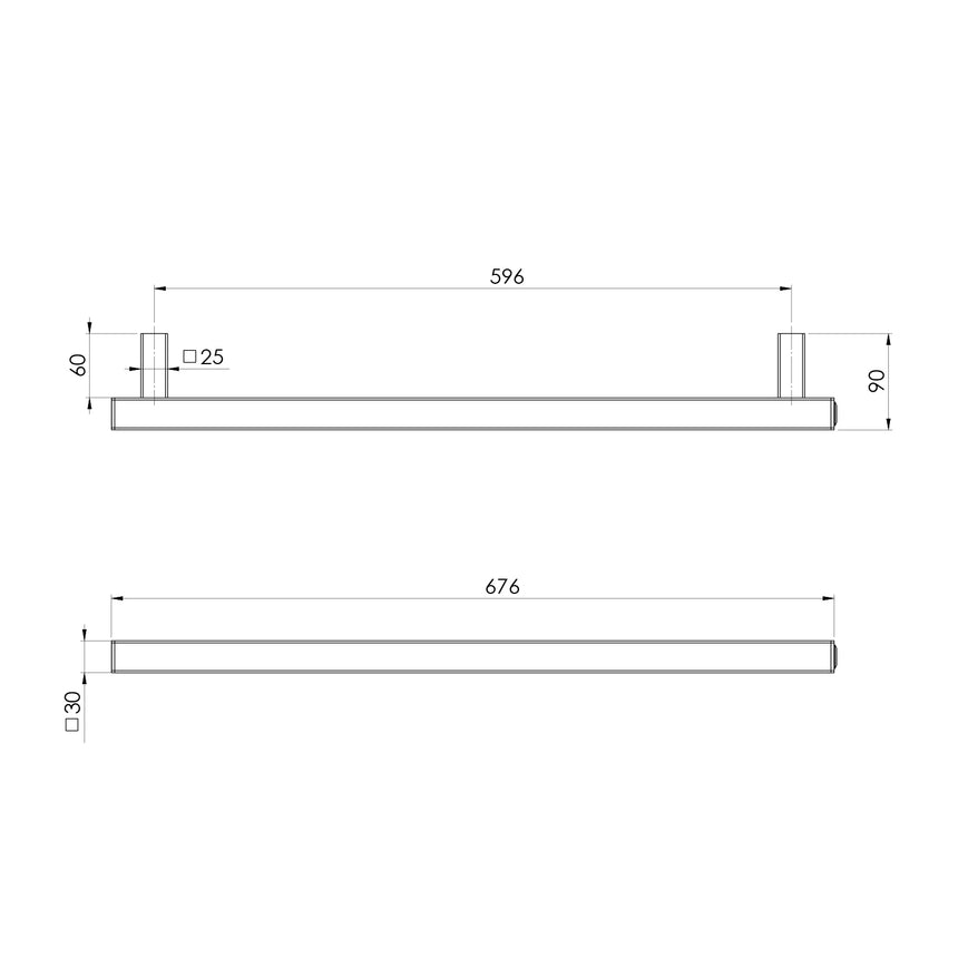Phoenix Heated Towel Rail Square 600mm Matte Black, technical line drawing with dimensions