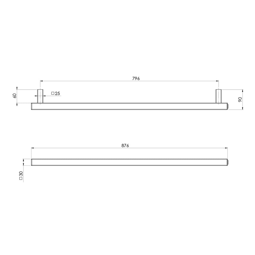 Phoenix Heated Towel Rail Square 800mm Matte Black, technical line drawing with dimensions