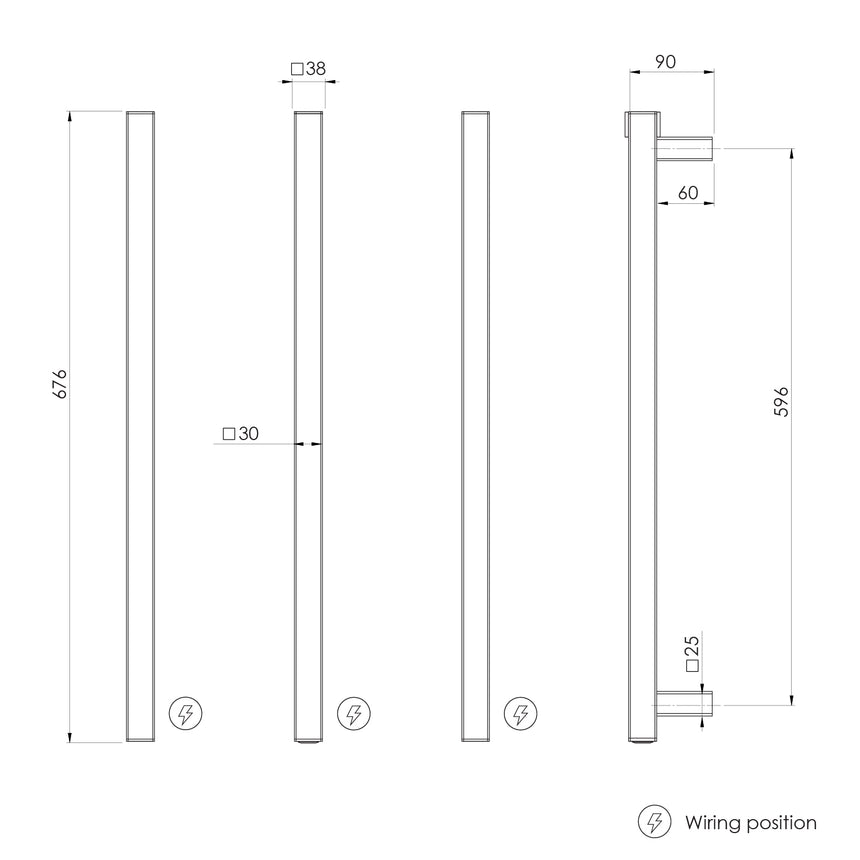 Phoenix Heated Triple Towel Rail Square 600mm Matte Black, technical line drawing with dimensions