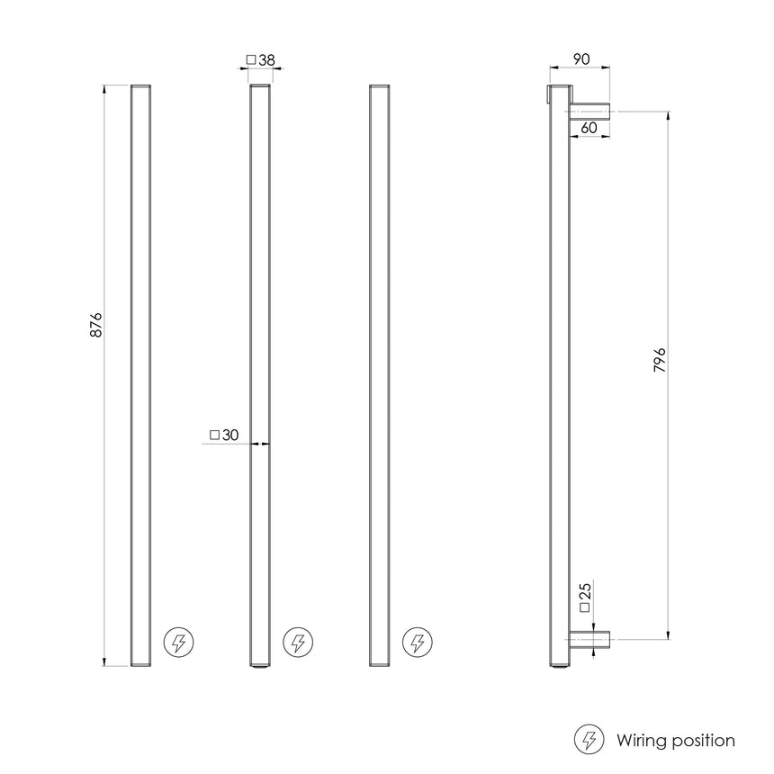 Phoenix Heated Triple Towel Rail Square 800mm Brushed Gold, technical line drawing with dimensions