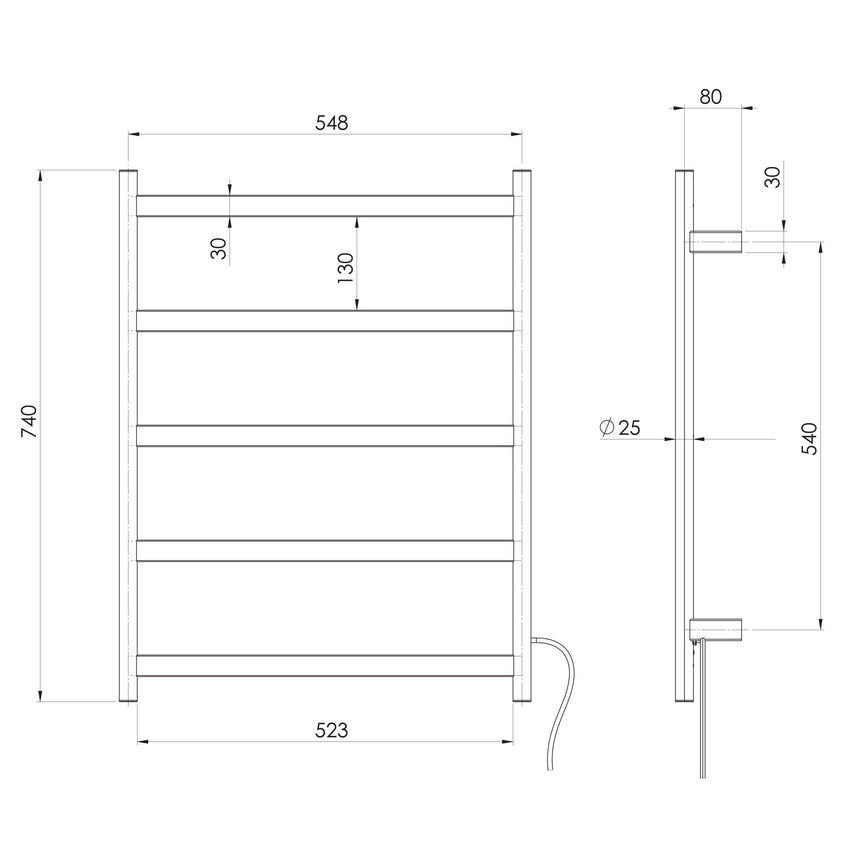 Phoenix Five Flat Bar Heated Towel Ladder 550mm x 740mm Matte Black, technical line drawing with dimensions