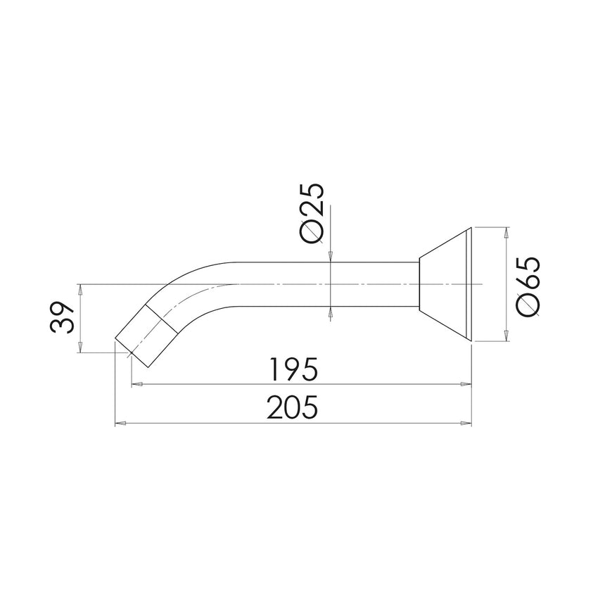 Phoenix Ivy Bath Outlet 200mm Chrome, technical line drawing with dimensions