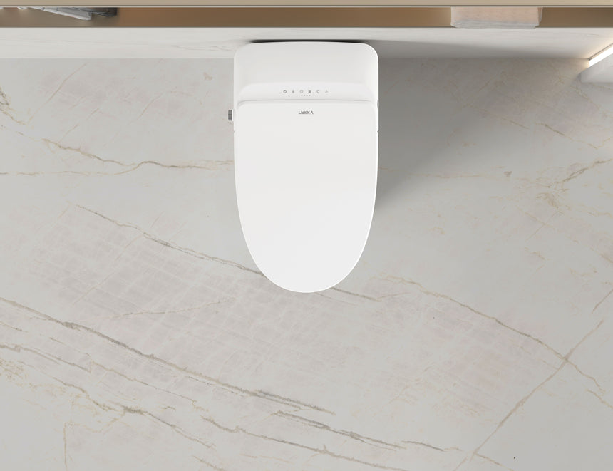 Overhead view of Lukka Samos back-to-wall smart toilet in gloss white showing control panel and dual-flush buttons by Tilemall