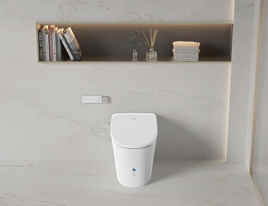 Lukka Samos back-to-wall smart toilet in gloss white porcelain by Tilemall, front view in bathroom interior