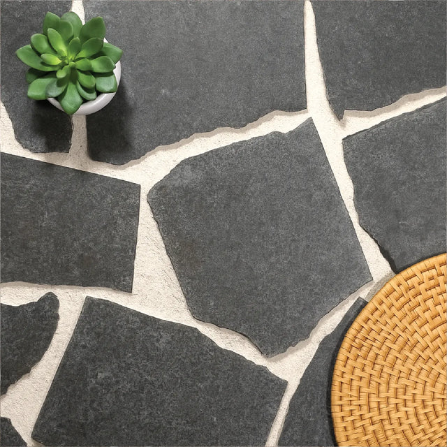 Raven Black Granite crazy paving with charcoal granite with pale joints by Tilemall