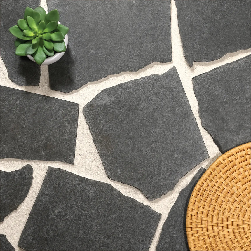 Raven Black Granite crazy paving with charcoal granite with pale joints by Tilemall