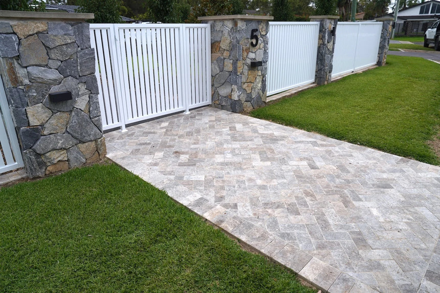 Silver Travertine natural stone surface and installation by Tilemall