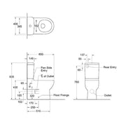 Technical dimensions diagram for Kohler Reach toilet with rear and side entry options by Tilemall