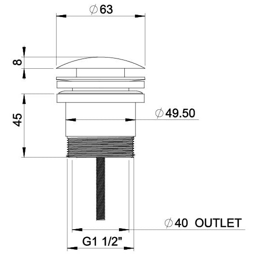Phoenix 40mm Dome Pop Up Universal Waste Chrome, technical line drawing with dimensions