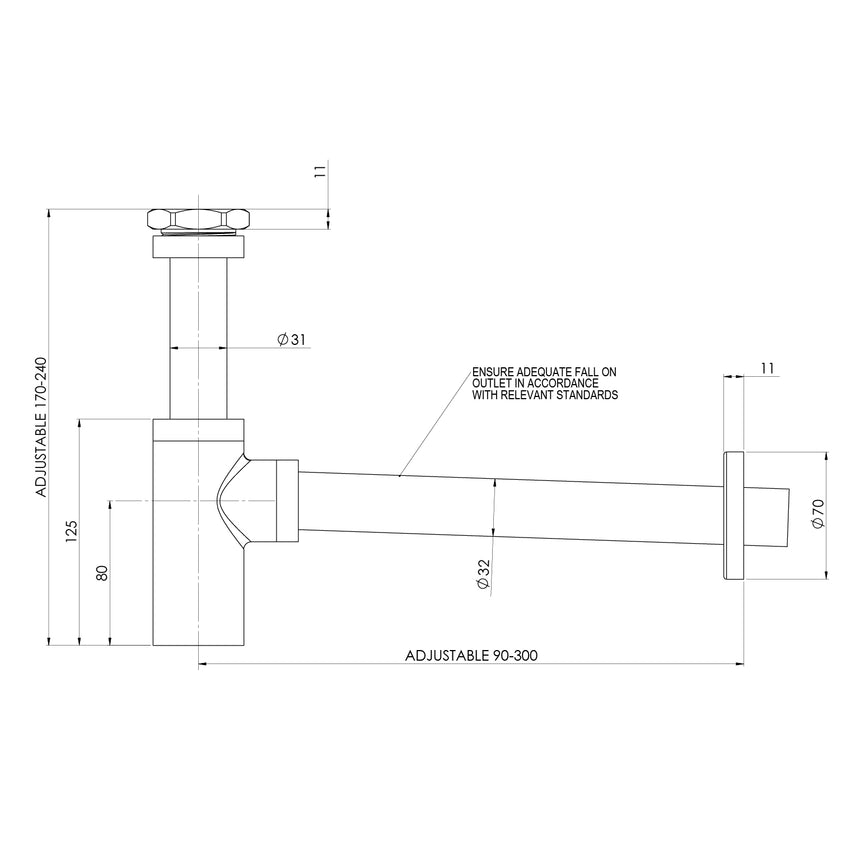 Phoenix 40mm Bottle Trap Chrome, technical line drawing with dimensions