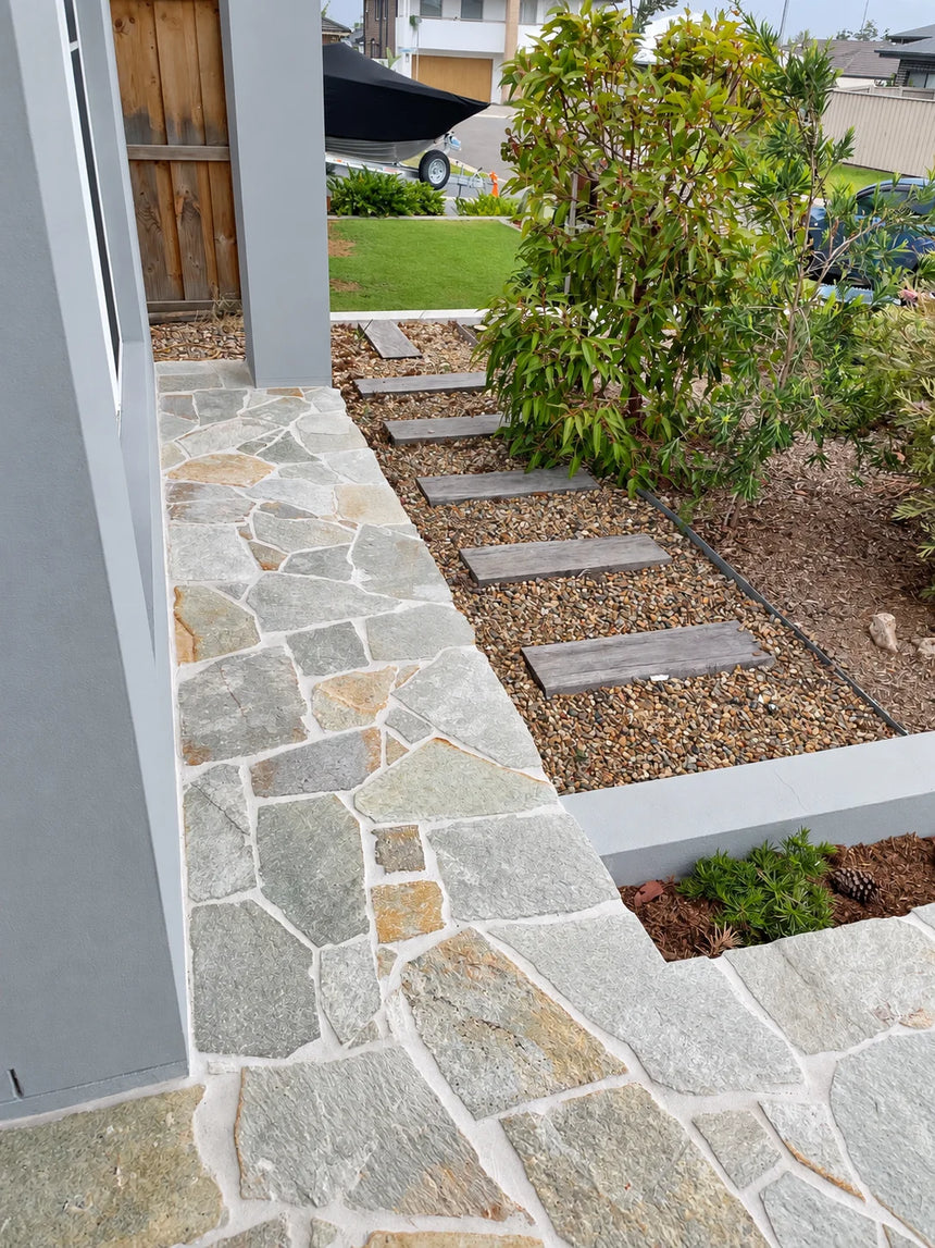 Mangolia crazy paving along a garden path beside stepping stones by Tilemall