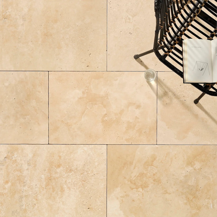 Ivory Premium Travertine natural stone surface and installation by Tilemall