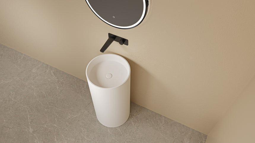 Lukka Olley 450x450mm pedestal basin top view showing circular matte white solid surface bowl with integrated overflow by Tilemall