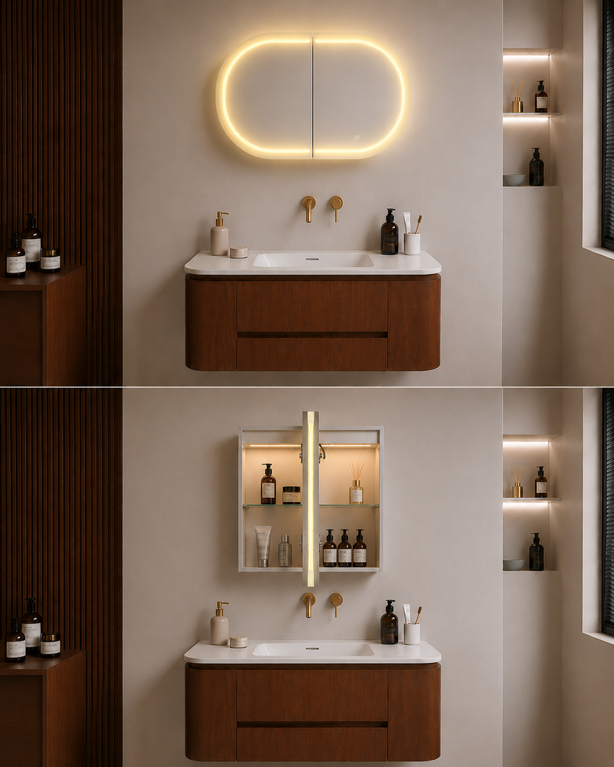 Lukka Allison Triple LED shaving cabinet installed in modern bathroom with warm LED rim mirror above timber vanity by Tilemall