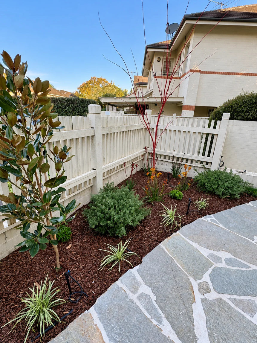 Mangolia crazy paving along a fence-side garden bed by Tilemall