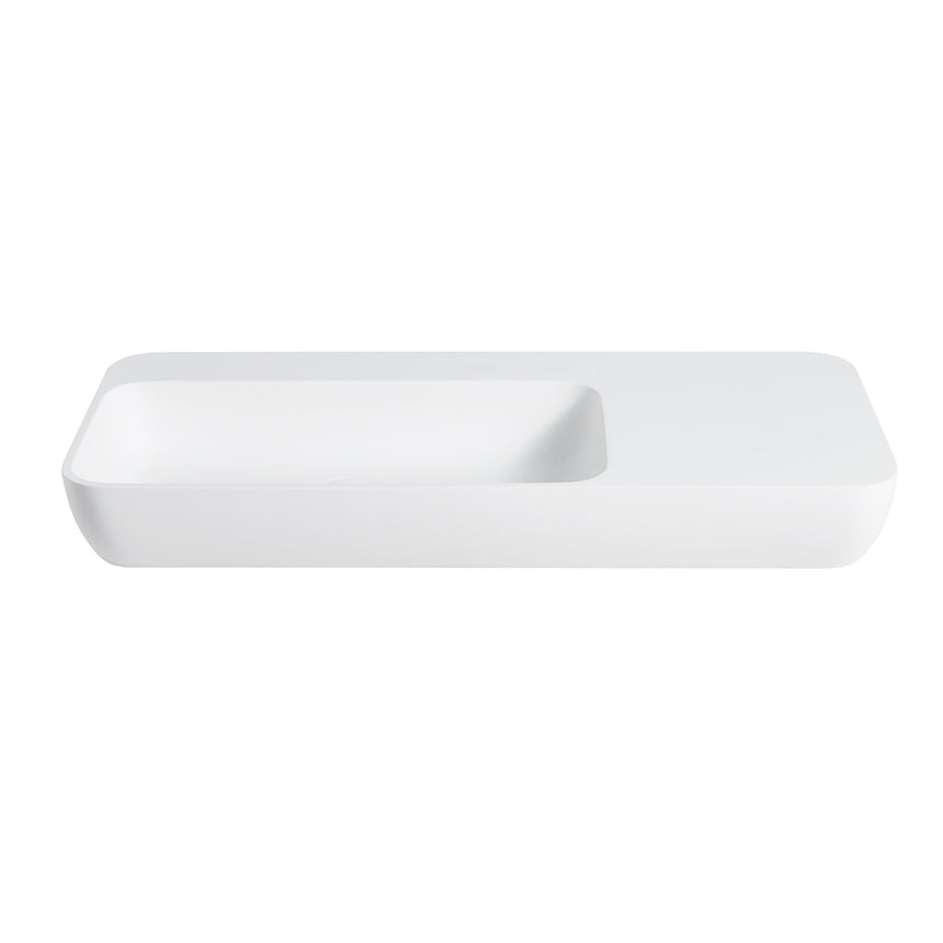 Lukka Rocca matte white solid surface wall-hung basin 900x400mm, side profile view by Tilemall