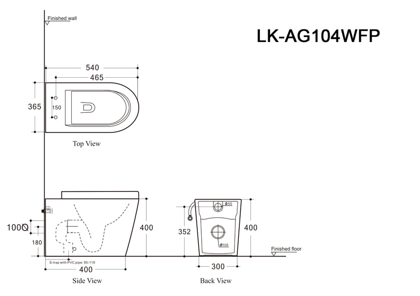 Technical dimensions diagram for Lukka Agena 540x465mm wall-faced floor pan showing top, side and back views by Tilemall