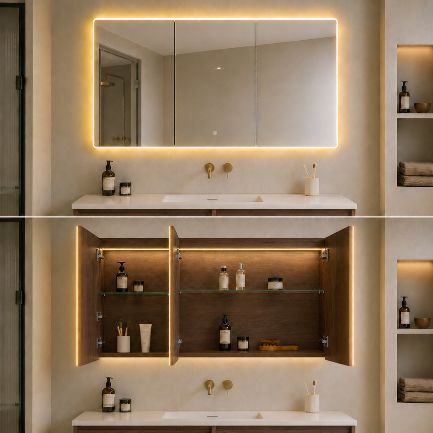 Lukka Avola PVC Triple LED Shaving Cabinet avola triple-door LED cabinet cool white LED closed mirror fronts bathroom by Tilemall