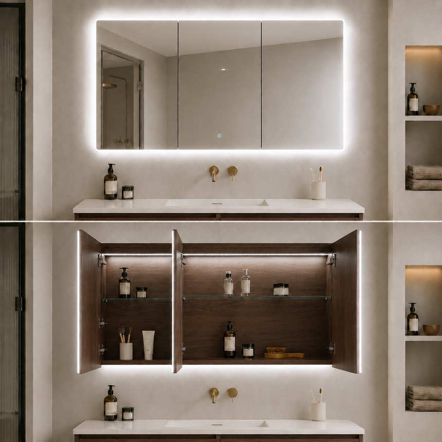 Lukka Avola PVC Triple LED Shaving Cabinet avola triple-door LED cabinet 1200x750mm cool white light studio view by Tilemall